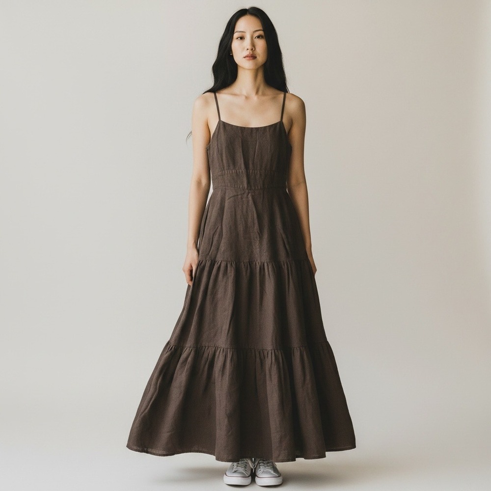 Joie Maxi Dress 8 Brown Tiered Spaghetti Strap Linen Prairie Coastal Grandma